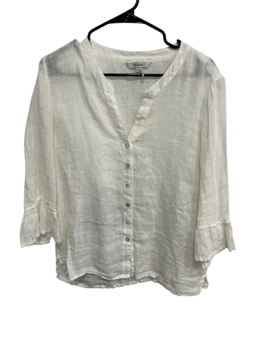Zozo Linen V-Neck Button Front Blouse White Sz Medium Ruffle Sleeve Coastal